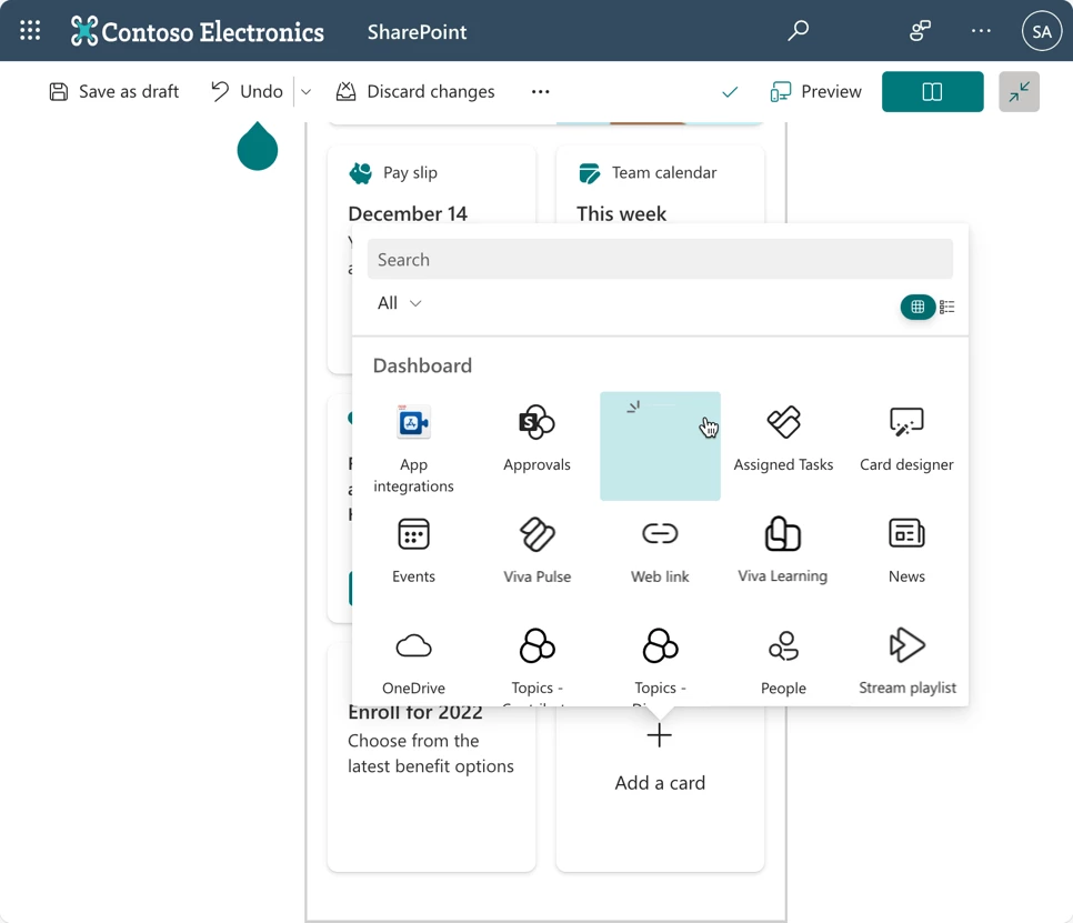 Image of Microsoft Teams Shifts Viva Connections Adaptive Card Extension app being added to a page